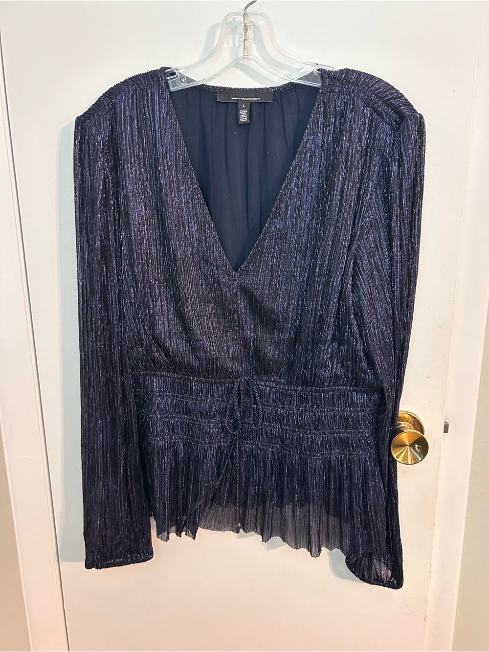 White House Black Market Navy Metallic V-Neck Blouse